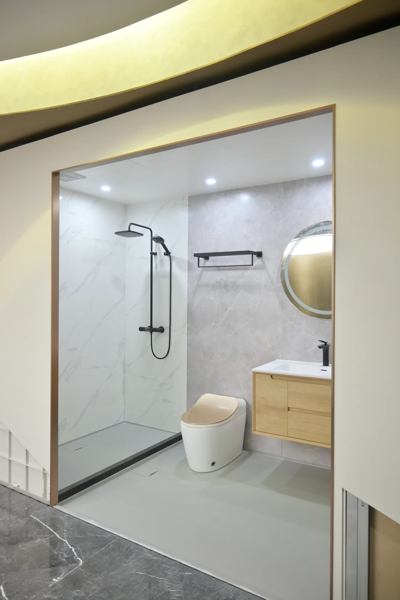 Apartment bathroom sample viewed through the finished room opening