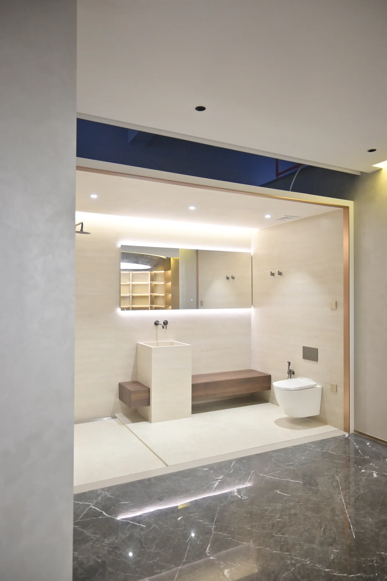 Wide hotel bathroom sample showing vanity, shower and toilet