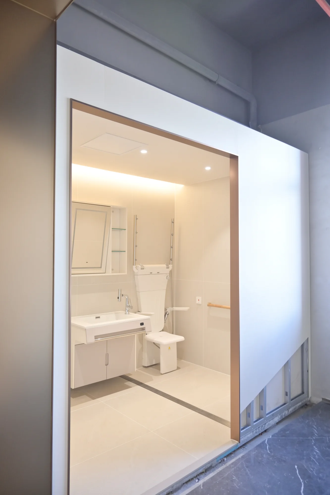 Accessible bathroom pod entrance and surrounding enclosure