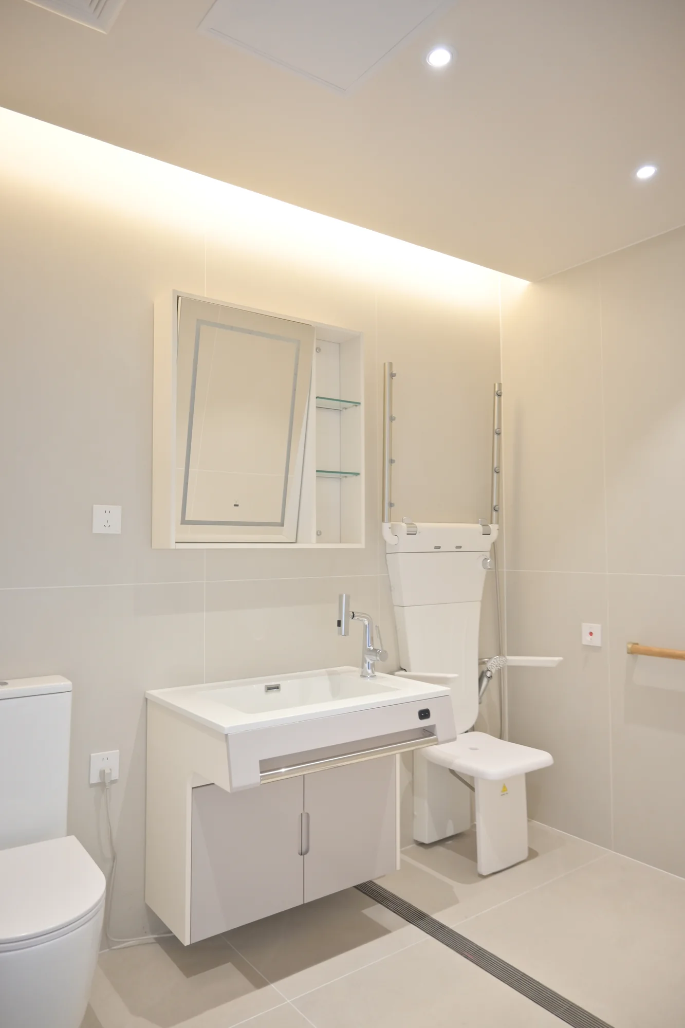 Accessible bathroom sample interior showing basin, toilet, shower seat and support rails