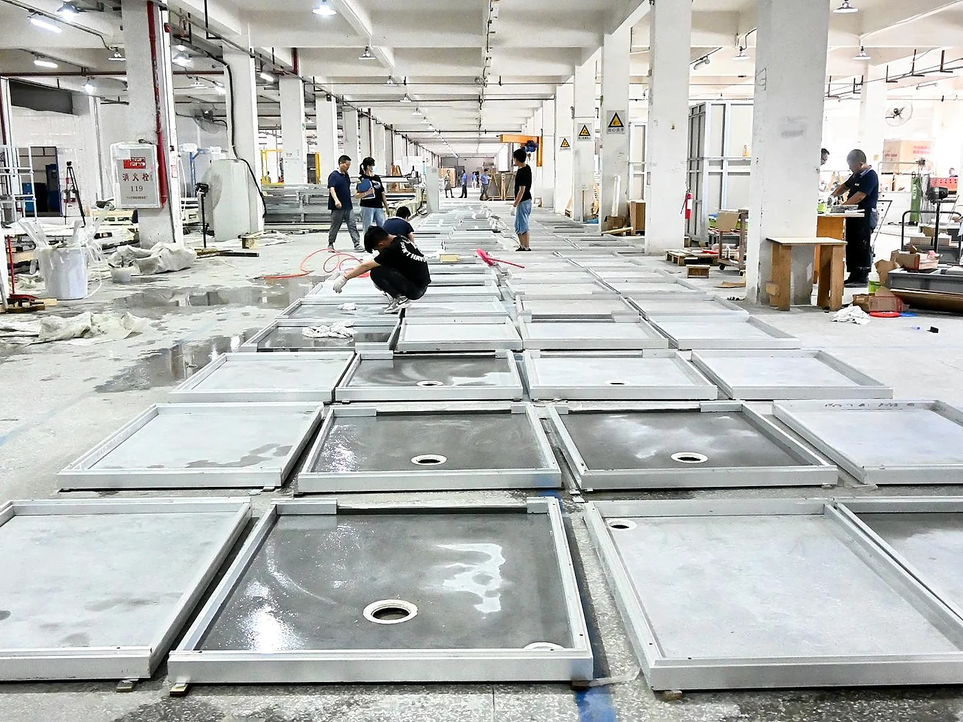 SALLY production floor with bathroom base components in manufacture