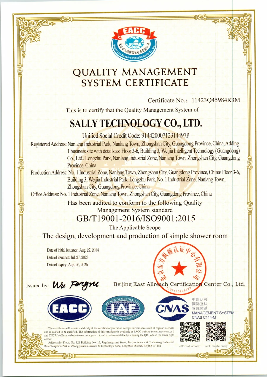 SALLY ISO 9001 quality management system certificate record in English