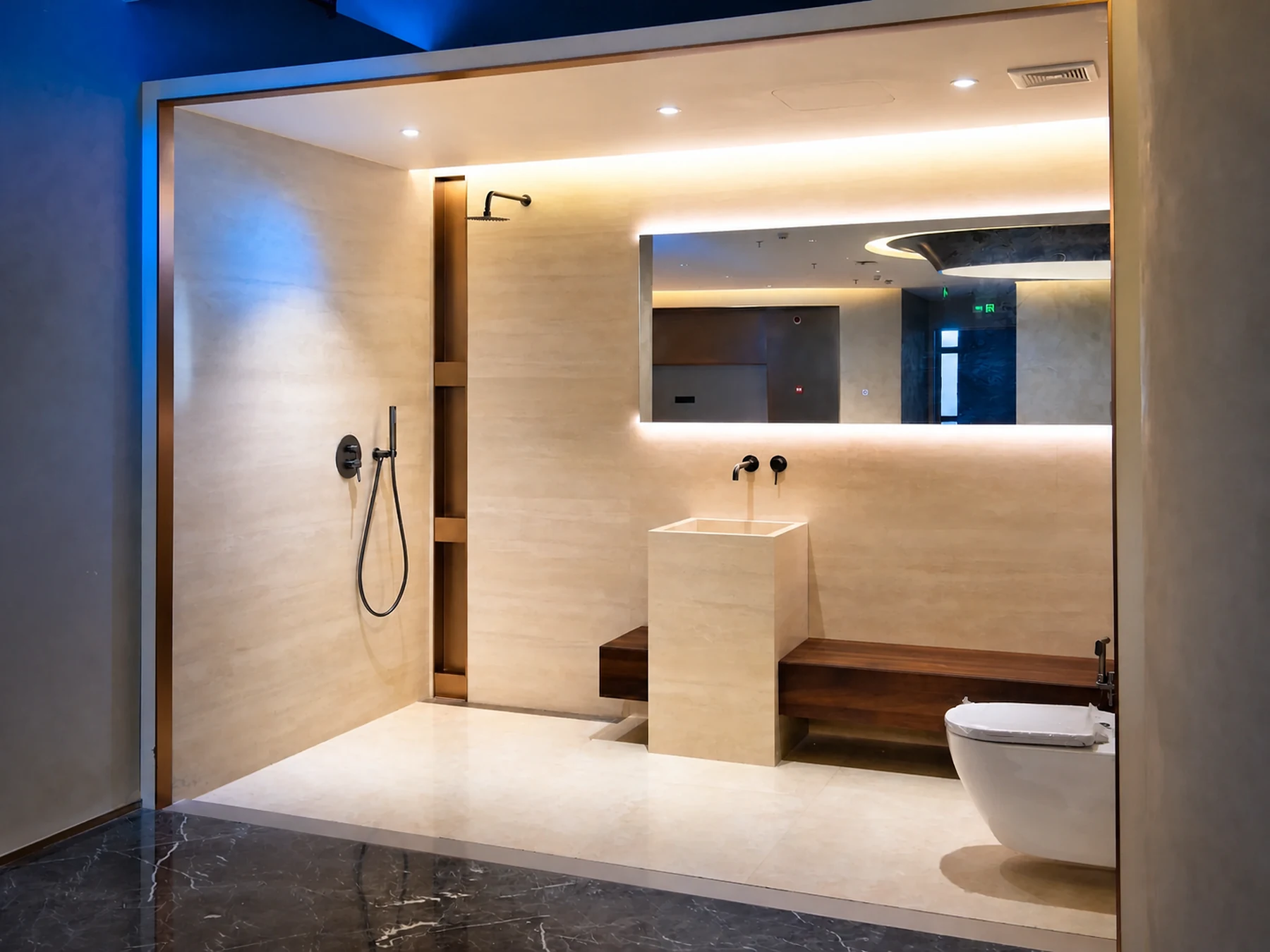 Client-supplied finished bathroom pod sample with campaign lighting